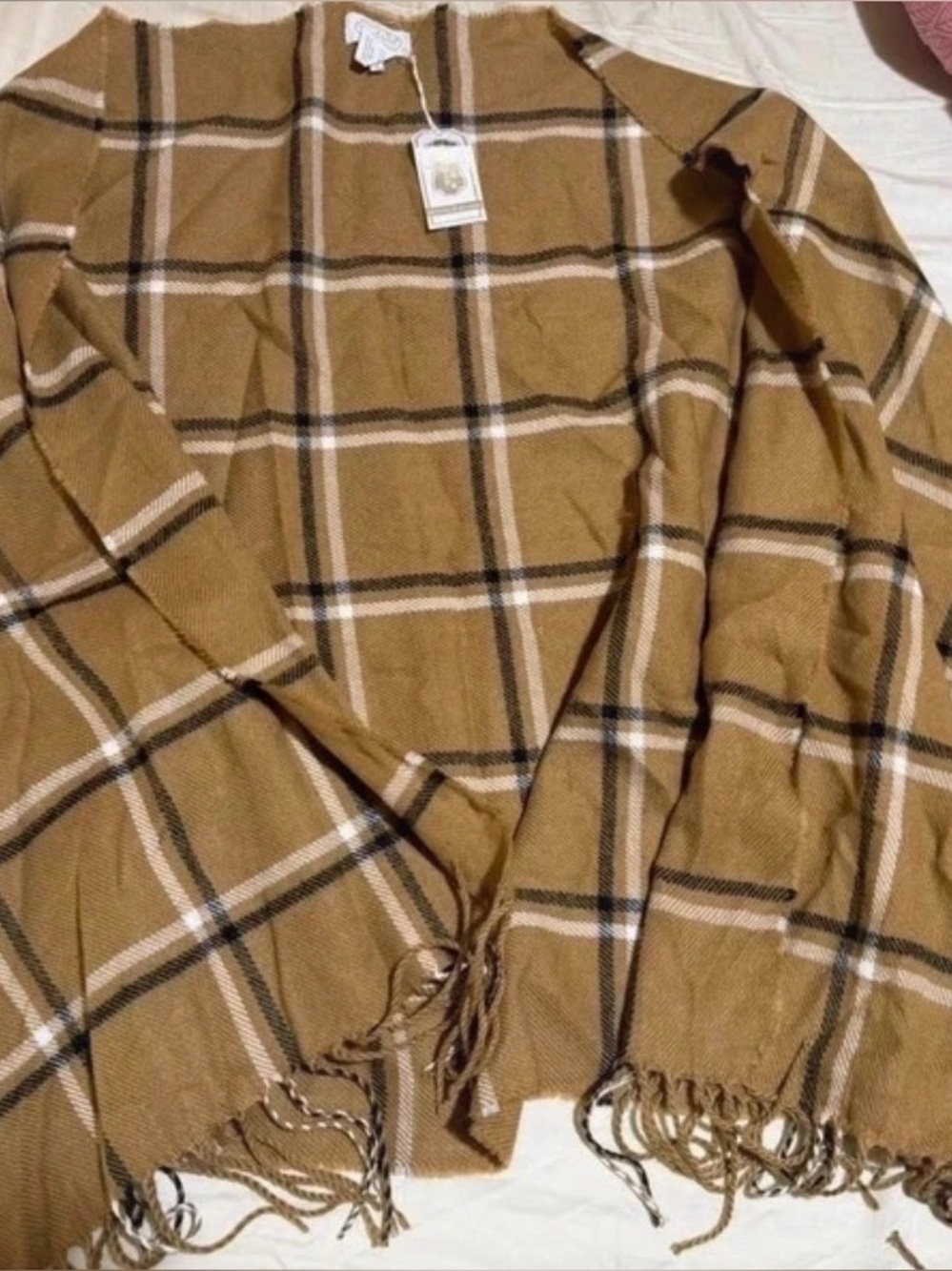 Women's Plaid Fringe Open Front Coatigan - Camel